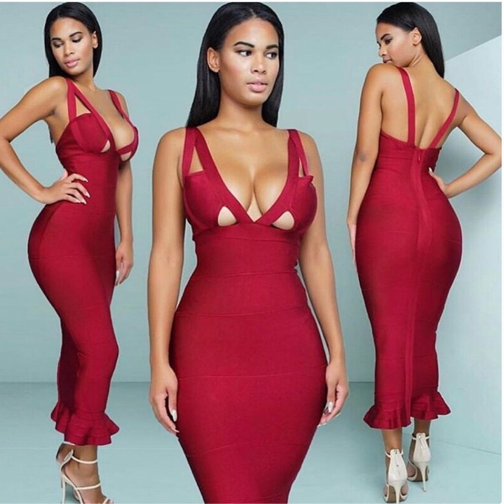 Wine Midi Bandage Dress